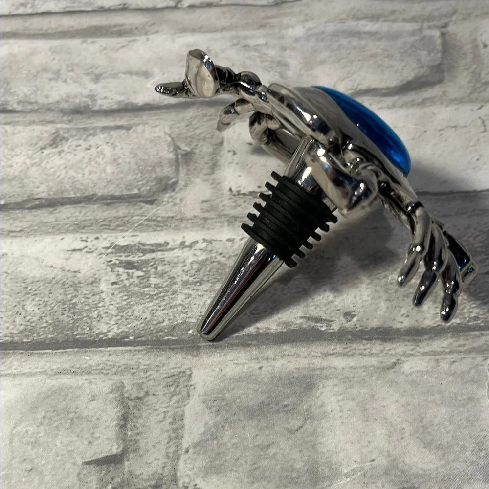 Silver Crab wine bottle top stopper with Blue Gem